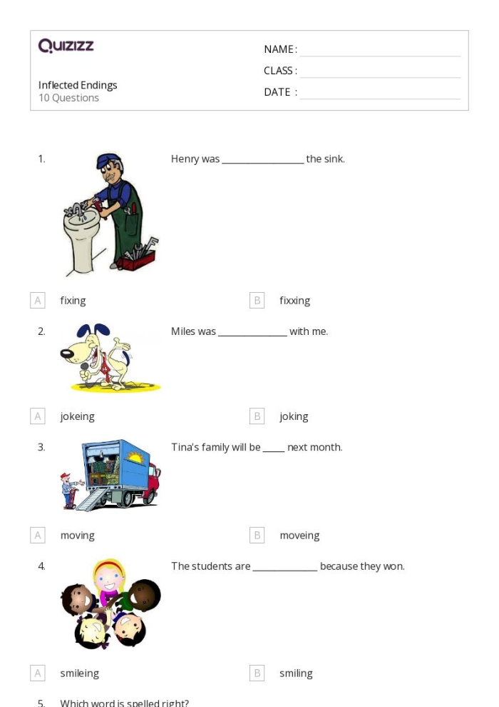 Colorful worksheet for first graders featuring rainy day theme and inflectional endings tasks