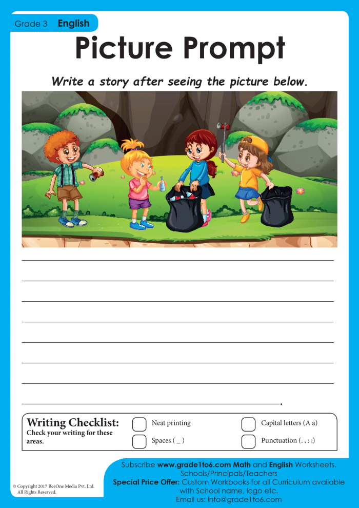 Preschool student completing a colorful rainy day writing prompt worksheet