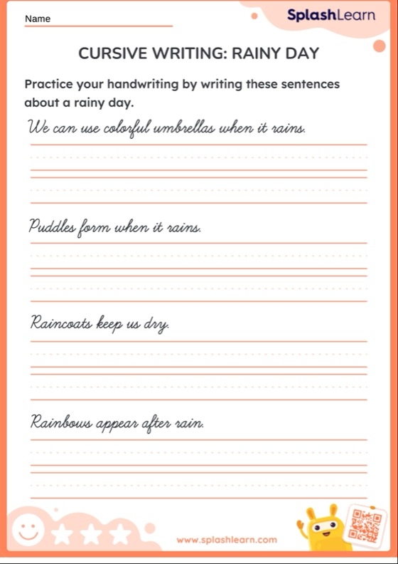Second grade student worksheet featuring rainy day sentences for practicing punctuation and capitalization
