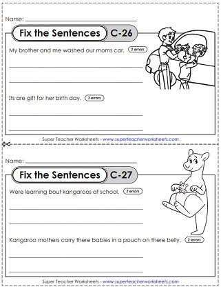 Second grade students correct rainy day sentences by fixing capitalization and punctuation errors in this writing practice worksheet