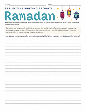 Fourth grade students completing a reflective writing prompt about caring for their community during Ramadan