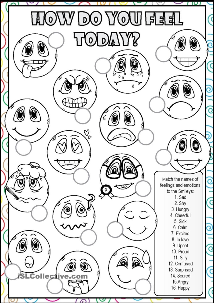 Range of Emotions worksheet featuring diverse facial expressions and feeling words for kids