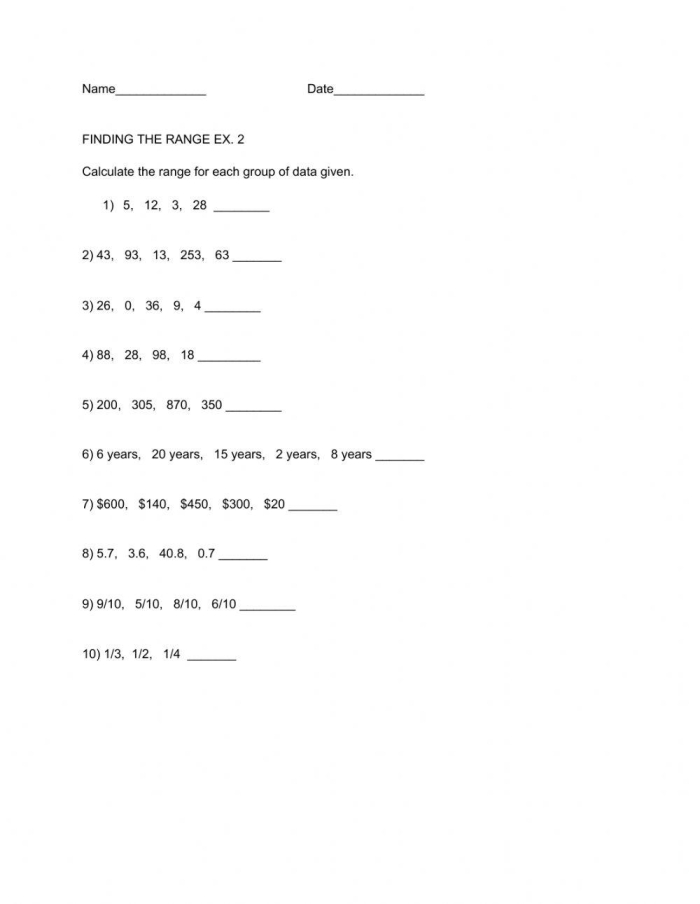 Finding the Range of Data Sets Practice Activity for Middle School Math Sixth grade student solving range problems on a practice worksheet with data sets and numbers