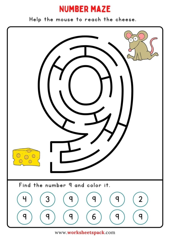Kindergarten worksheet featuring a number maze where kids count from 1 to 20 to help the prince reach Rapunzel