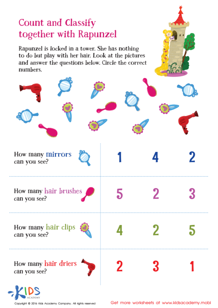 Kindergarten student counting numbers 1 to 20 through a maze to help the prince reach Rapunzel's tower