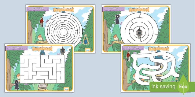 A kindergarten student's finger tracing a path through numbered circles from 1 to 20 to help a prince reach Rapunzel in this fairy tale counting maze