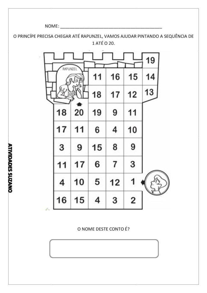 Kindergarten student completing a Rapunzel number maze worksheet by counting from 1 to 20