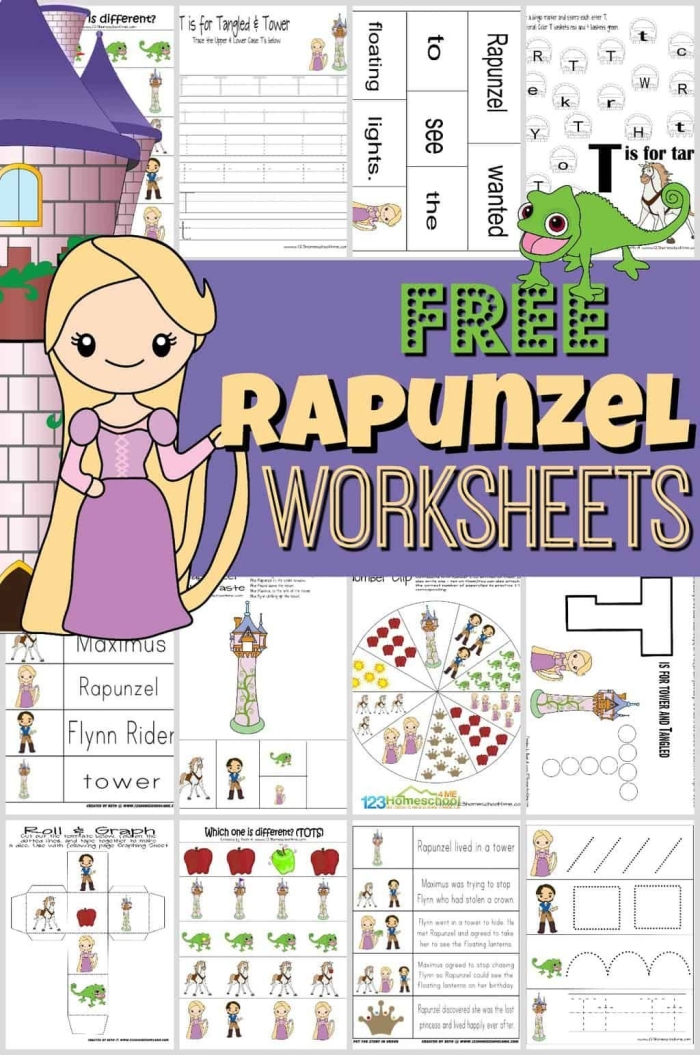 A kindergarten student traces a path through numbers 1 to 20 to help the prince reach Rapunzel in this fairy tale counting maze activity