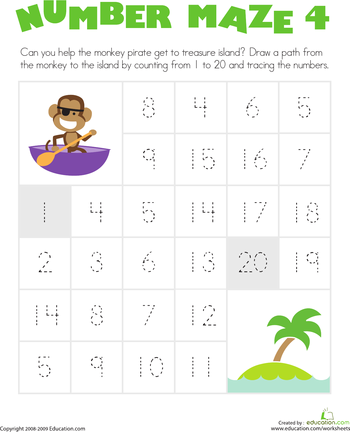 A kindergarten number maze activity showing a prince character navigating a winding path numbered 1 to 20 to reach Rapunzel in a tower