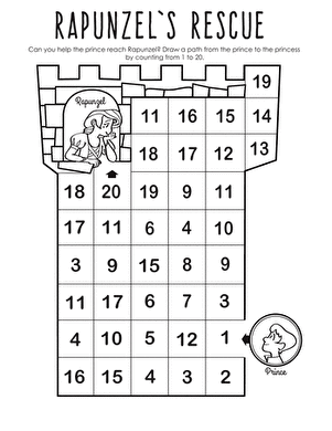 A kindergarten number maze worksheet featuring a prince character navigating a path numbered 1 to 20 to reach Rapunzel in a tower