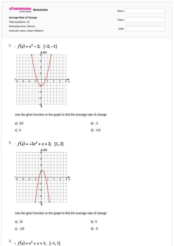 Practice worksheet showing linear function tables for calculating slope and rate of change Eighth grade student solving rate of change problems using data tables from an algebra worksheet