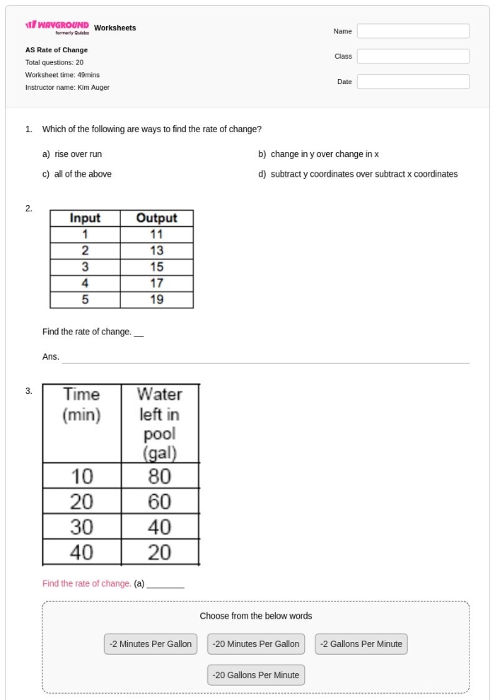 Rate of Change Tables Practice Problem 17 for Middle School Algebra Students Eighth grade algebra worksheet showing a table with x and y values for calculating rate of change in linear functions