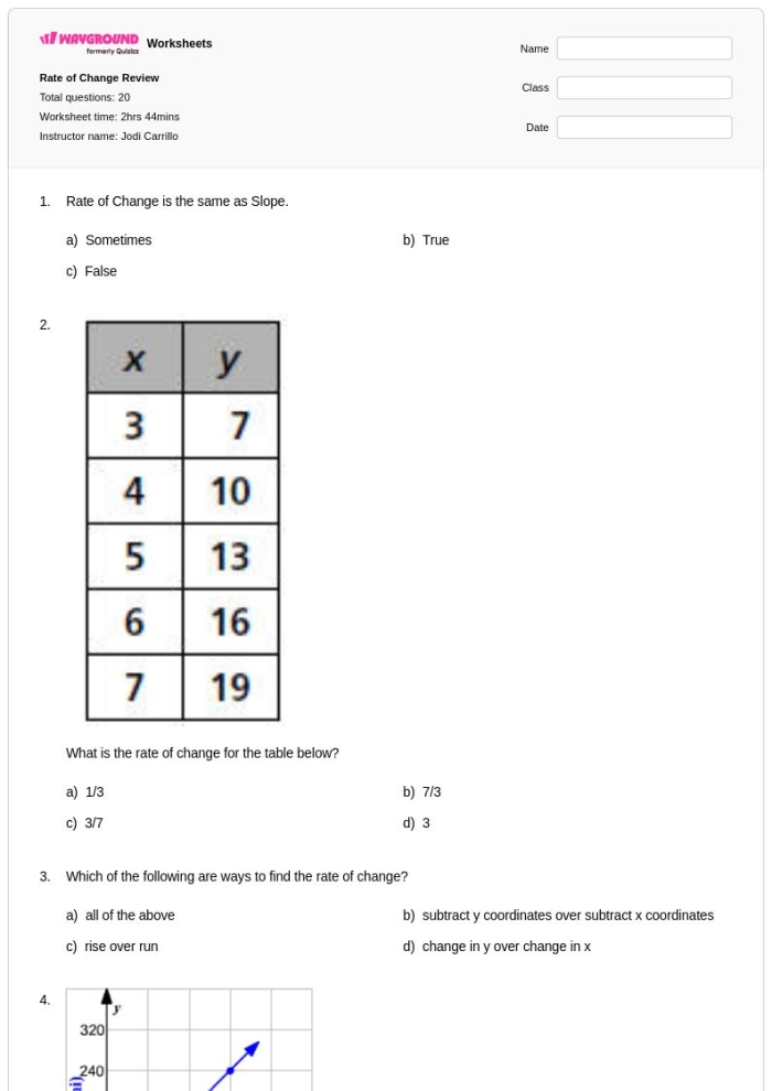 Rate of Change Tables Practice Worksheet for 8th Grade Math 15 Eighth grade algebra worksheet for calculating the rate of change from linear function tables