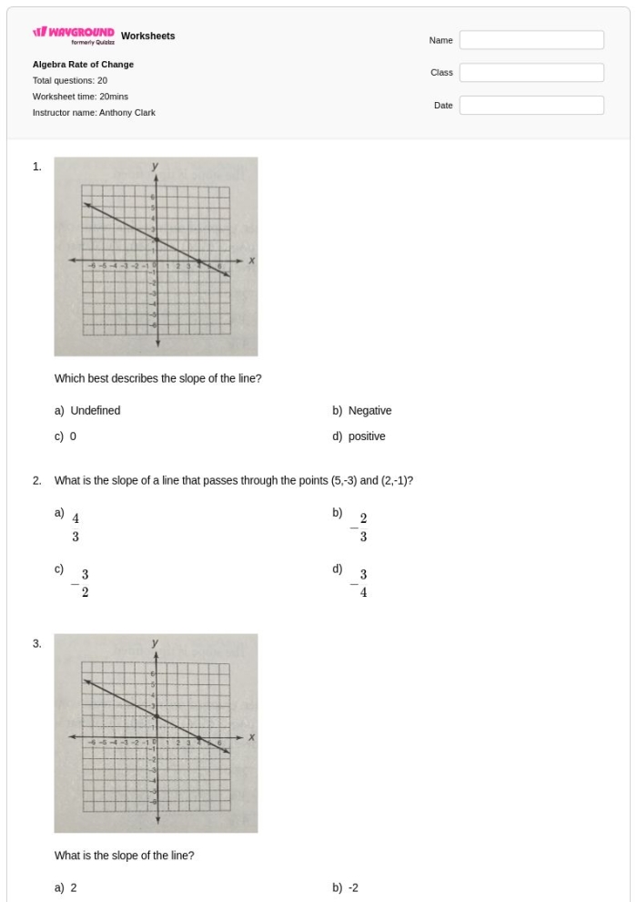 Rate of Change Tables Practice Worksheet for 8th Grade Math Eighth grade algebra worksheet for calculating the rate of change from linear function tables