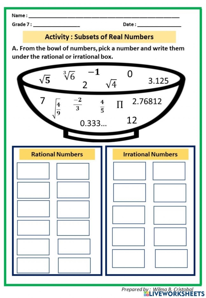 Eighth grade math worksheet focusing on identifying the differences between rational and irrational numbers