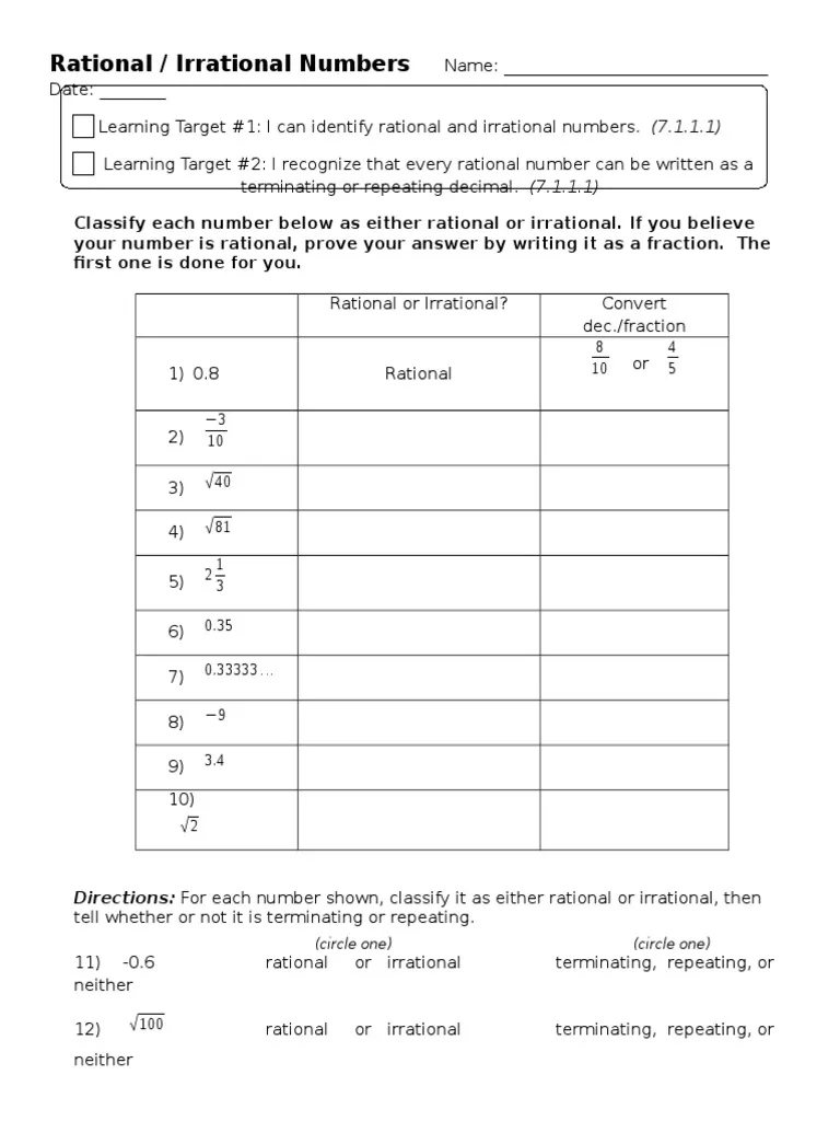 Eighth grade math worksheet showing examples of rational and irrational numbers with classification exercises for students