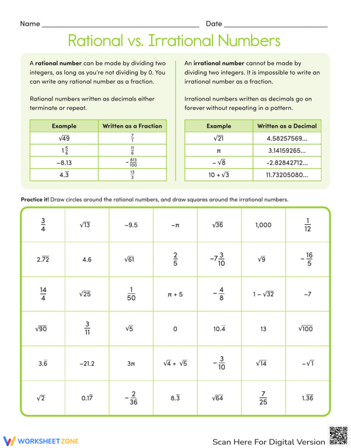 Eighth grade math worksheet showing examples of rational and irrational numbers with classification exercises