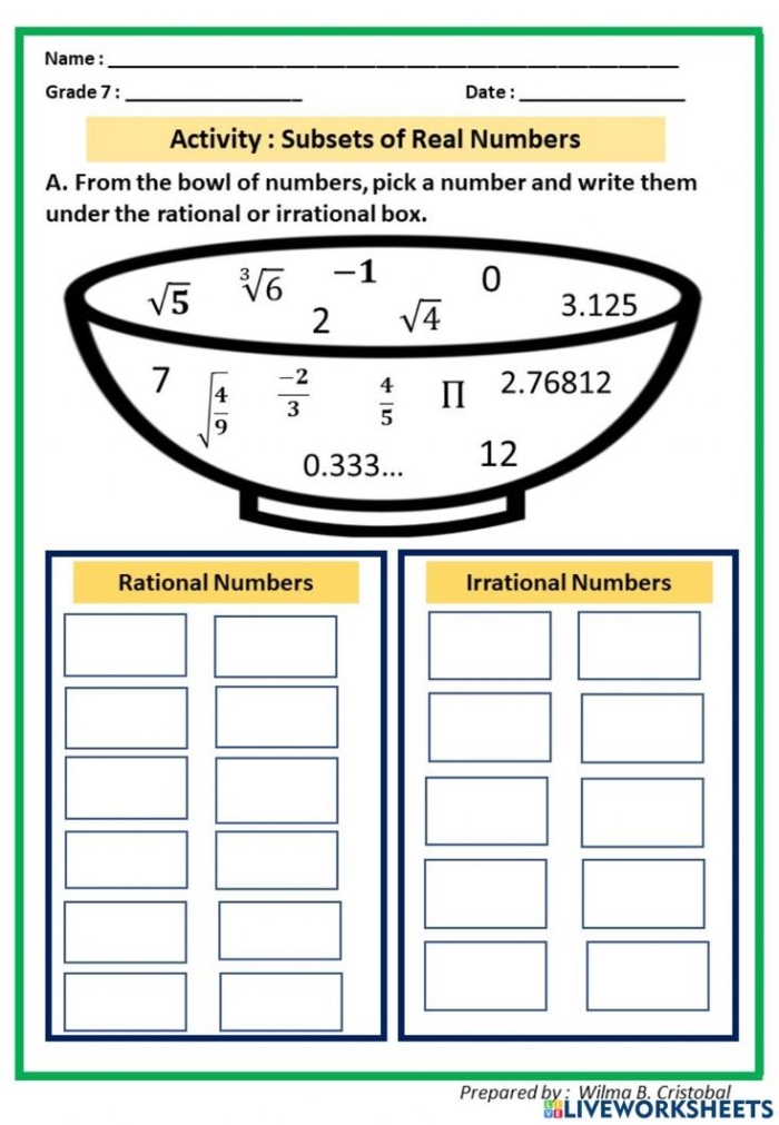 Eighth grade math worksheet showing examples of rational and irrational numbers with classification exercises