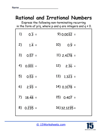 Eighth grade math worksheet focusing on identifying the differences between rational and irrational numbers