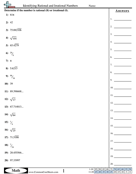 Eighth grade math worksheet showing practice problems for identifying rational and irrational numbers with answer spaces