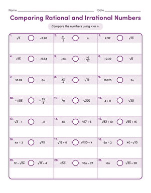 Eighth grade math worksheet focusing on identifying rational and irrational numbers
