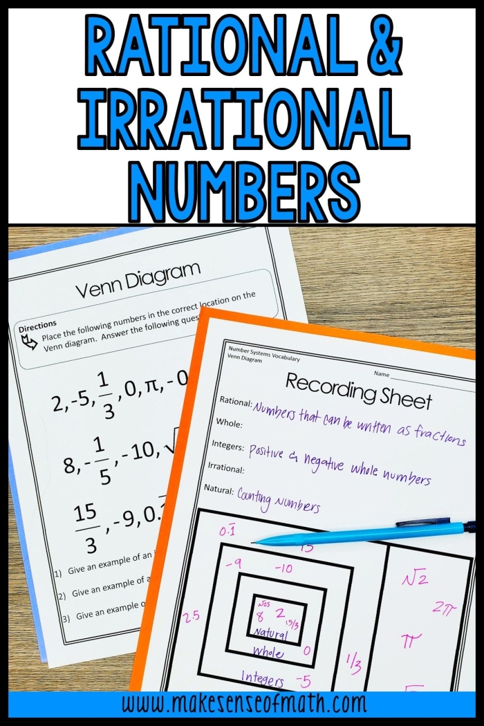 Eighth grade math students practicing how to distinguish between rational and irrational numbers on an educational worksheet