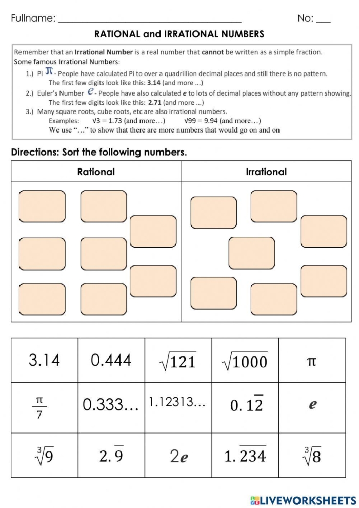 Eighth grade math worksheet showing problems that require students to categorize rational and irrational numbers