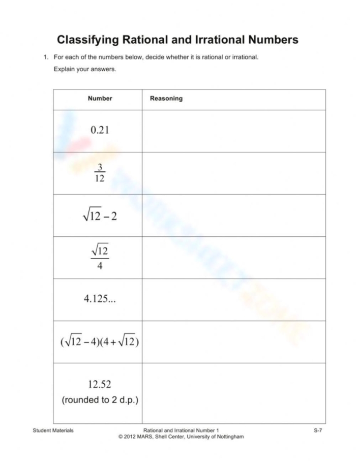 Eighth grade math worksheet focusing on identifying rational versus irrational numbers