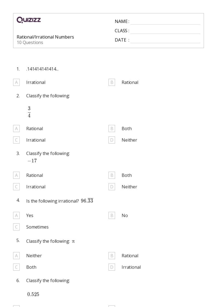 Eighth grade students identifying rational and irrational numbers on a practice worksheet