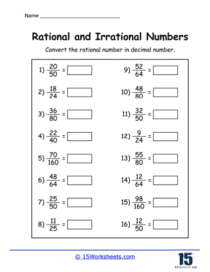 Eighth grade math worksheet showing examples of rational and irrational numbers with classification exercises