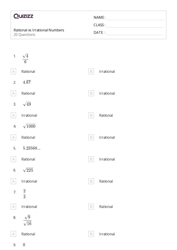 Eighth grade math worksheet focusing on identifying rational versus irrational numbers