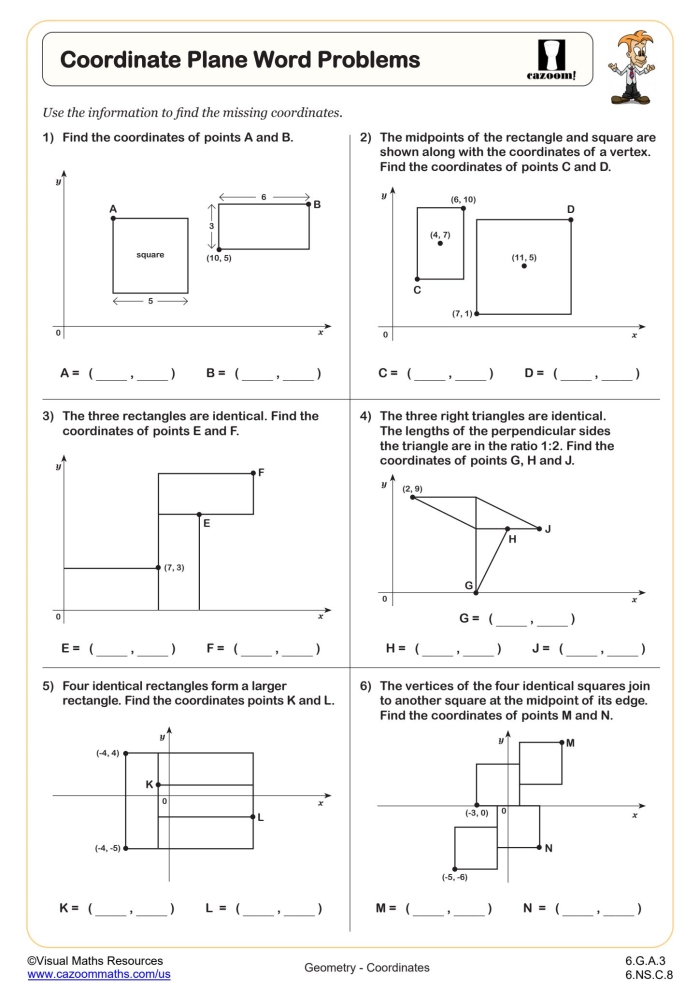 Sixth grade math worksheet featuring a coordinate plane with water park themed icons for plotting rational numbers