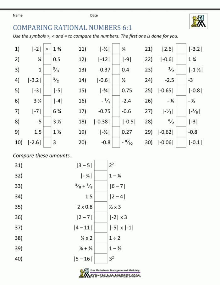 Sixth grade student plotting positive and negative rational numbers on a number line worksheet