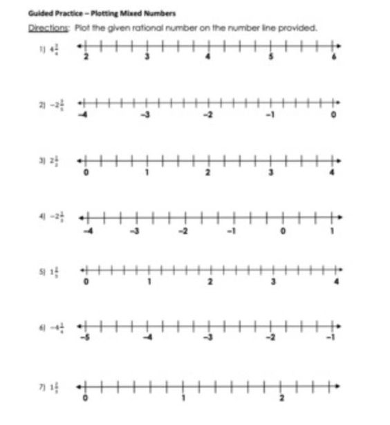A sixth grade student practicing plotting positive and negative rational numbers on a number line worksheet