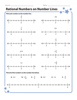 Sixth grade student plotting positive and negative rational numbers on a number line worksheet