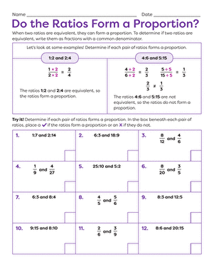 Sixth grade math worksheet for identifying if ratios form a proportion