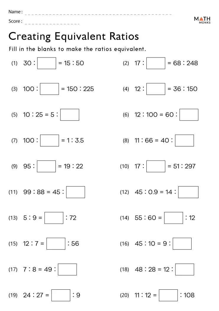 Sixth grade math worksheet showing problems to determine if ratios form a proportion