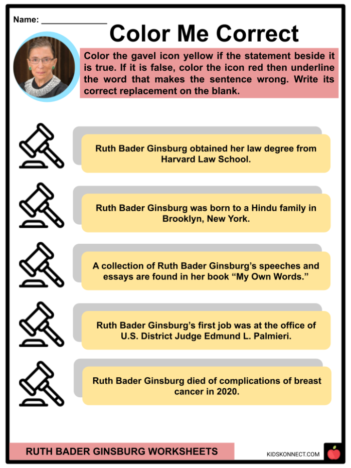 Ruth Bader Ginsburg Biography Worksheet Exercise 5 for Elementary Math Practice Fifth grade students learning about Ruth Bader Ginsburg's historic role as the second female Supreme Court Justice through an addition worksheet activity