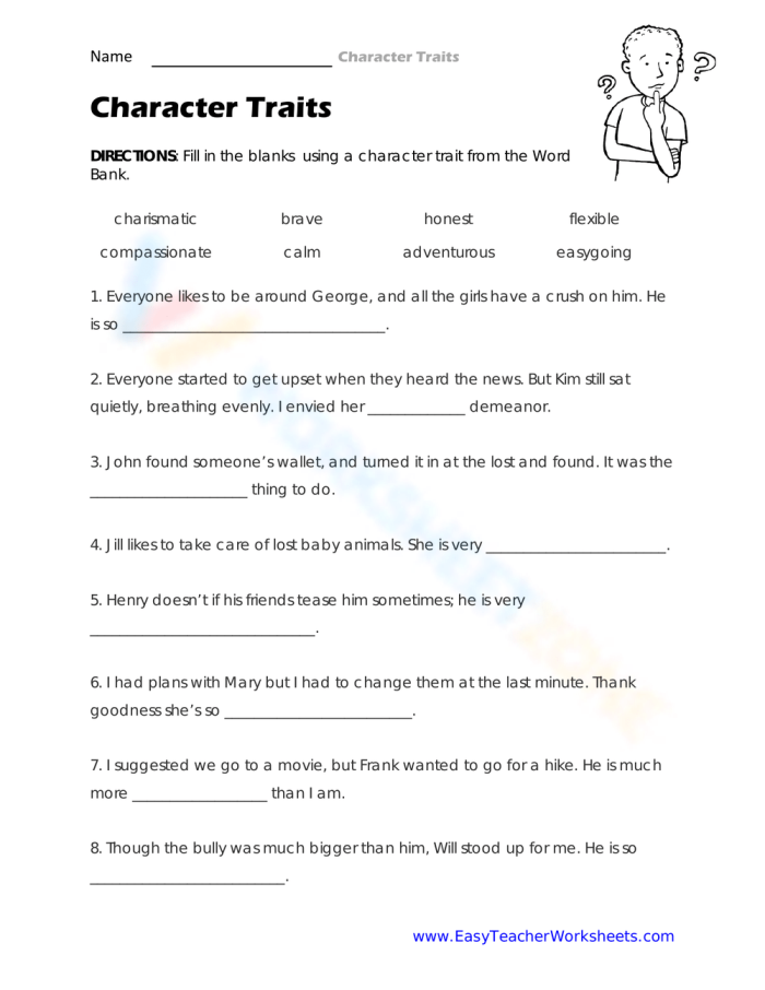 Worksheet illustrating character traits for comparison in reading passages