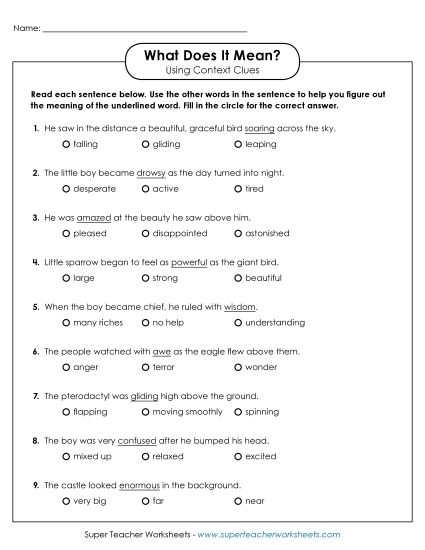 Read the Word Clues worksheet for second grade grammar and mechanics activities Worksheet helping second graders discover meanings of unknown words through various strategies