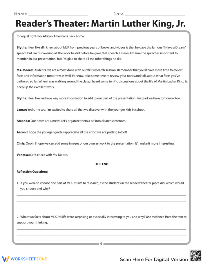 Martin Luther King, Jr. worksheet for Readers’ Theater activity in a classroom setting
