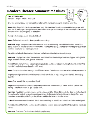 Reader’s Theater: Summertime Blues Drama Worksheet 13 Second grade students acting out a scene during a Reader’s Theater: Summertime Blues classroom activity