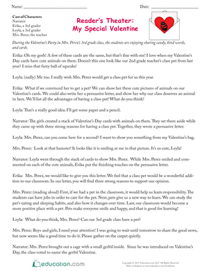 ALT text for Reader’s Theater: My Special Valentine worksheet showcasing second graders engaged in a reading activity.