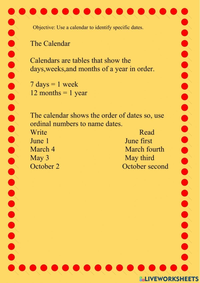 Reading a Calendar Worksheet for First Grade Students First grade student looking at a monthly calendar while completing an Earth and Space Science worksheet