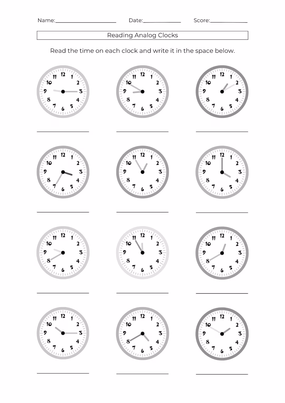 Reading Clocks Practice Activity 22 for Elementary Math Learners Second grade math worksheet showing analog clocks with hands positioned at different times for students to read and practice telling time
