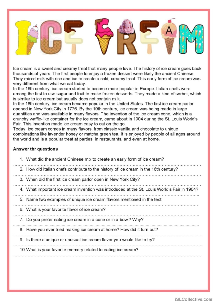 Title of the reading comprehension worksheet: The Ice Cream Disaster for 3rd Grade Worksheet focusing on reading comprehension skills for 3rd graders featuring "The Ice Cream Disaster" passage
