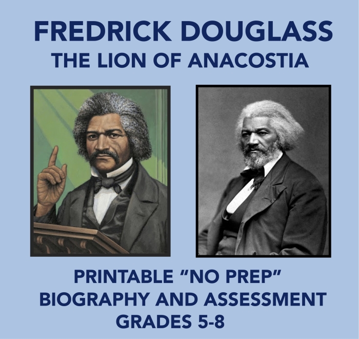 Reading comprehension worksheet featuring a passage about Frederick Douglass for second graders