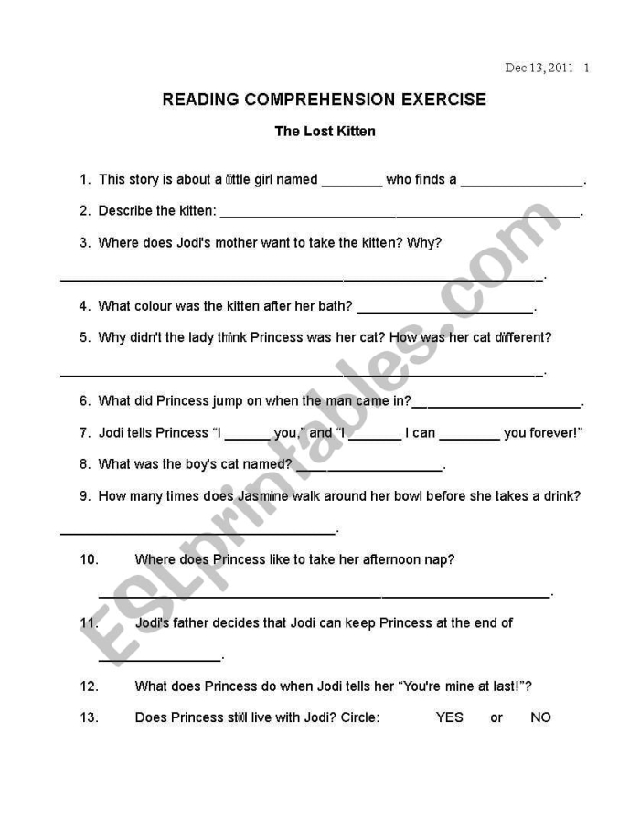 Worksheet designed to enhance fourth graders' reading comprehension with a story about a girl and her kitten. Reading Comprehension Worksheet: The Kitten for Grade 4.