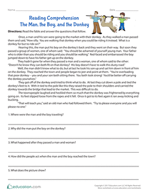 Grammar and Mechanics worksheet for Third Grade A worksheet featuring a classic fable about a man, his son, and their donkey, aimed at improving reading comprehension. Reading Comprehension Worksheet: The Man, the Boy, and the Donkey for Third Graders.