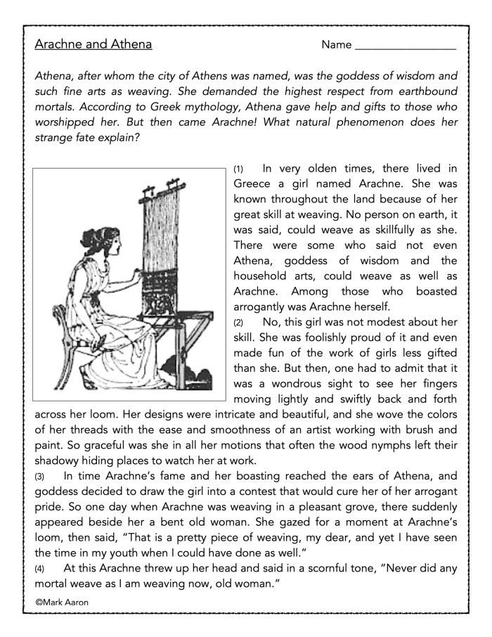 Seventh grade reading comprehension worksheet featuring the Greek myth of Arachne and the weaving contest